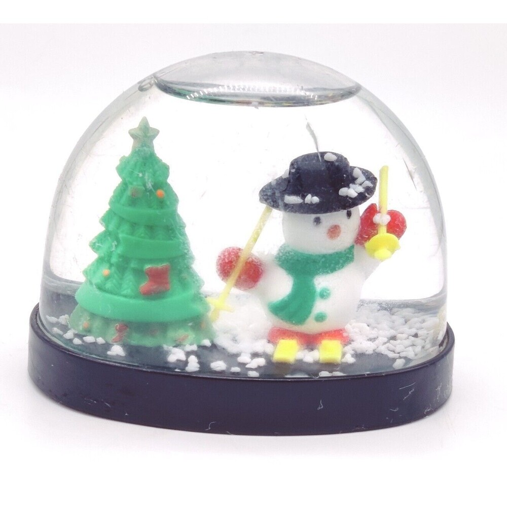 Vintage Christmas Snowglobe Dome Winter Skiing Snowman Dome 3" Holiday Tree Nice